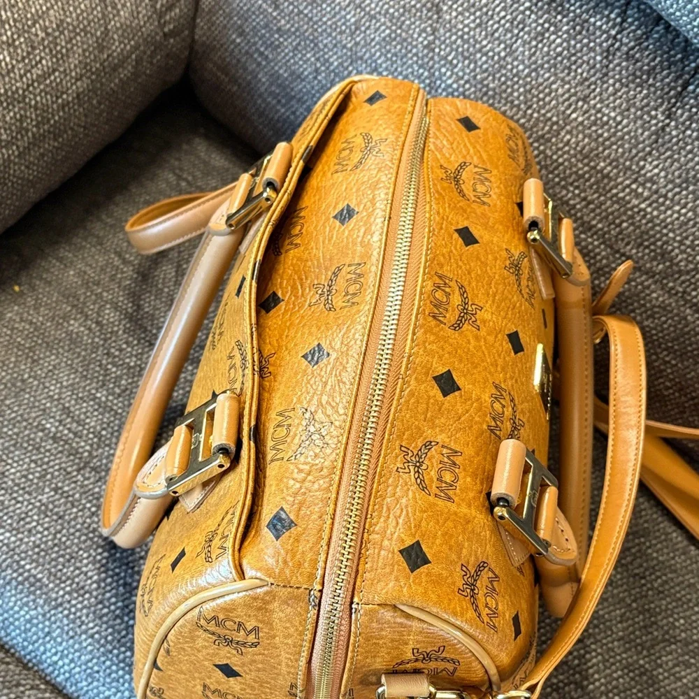 MCM Cognac Visetos Boston Bag with Strap